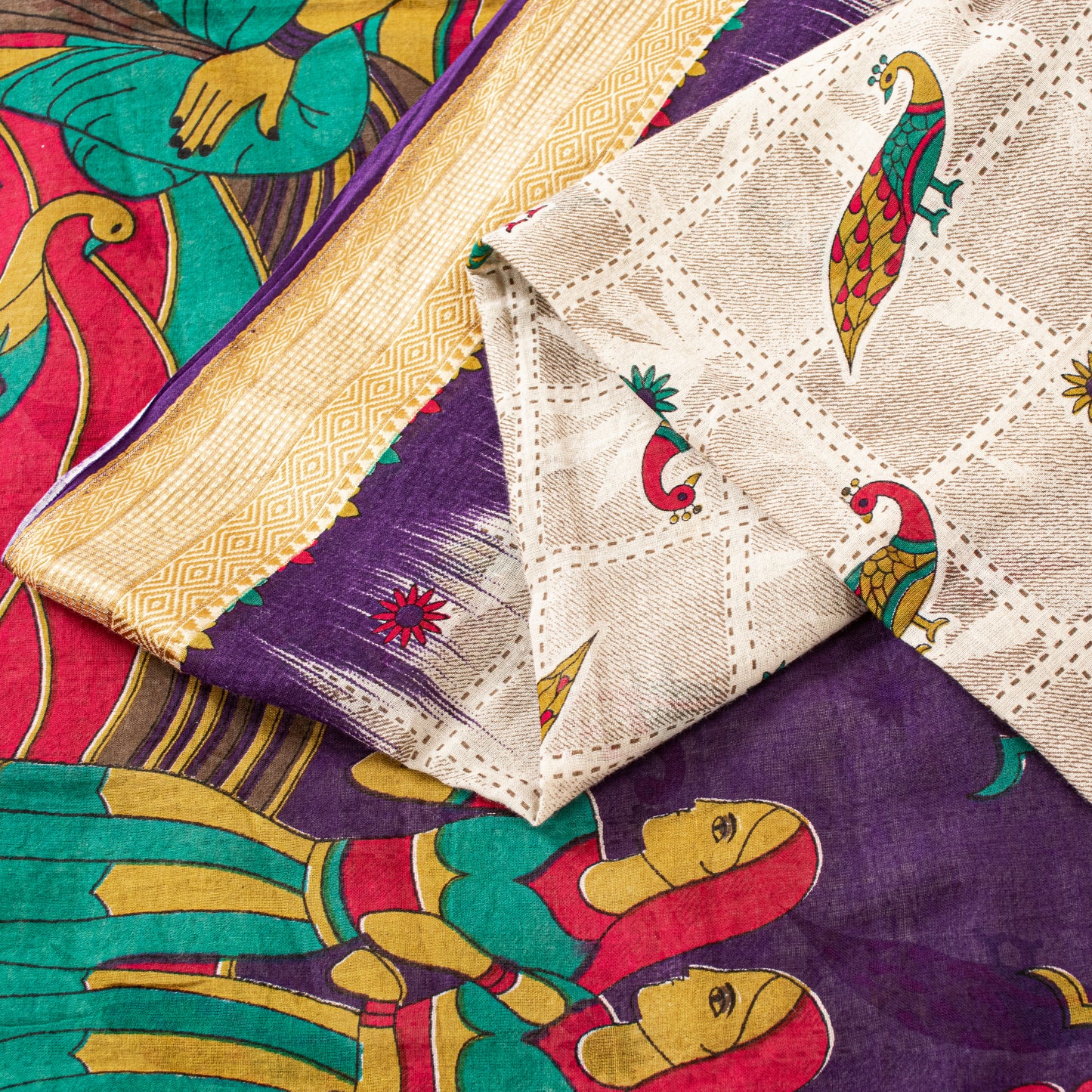 Sanskriti Vintage Sarees Ivory Pure Cotton Women Peacock Print 5+YD HeritageSari