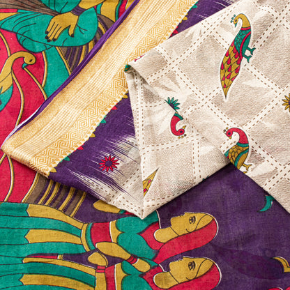 Sanskriti Vintage Sarees Ivory Pure Cotton Women Peacock Print 5+YD HeritageSari