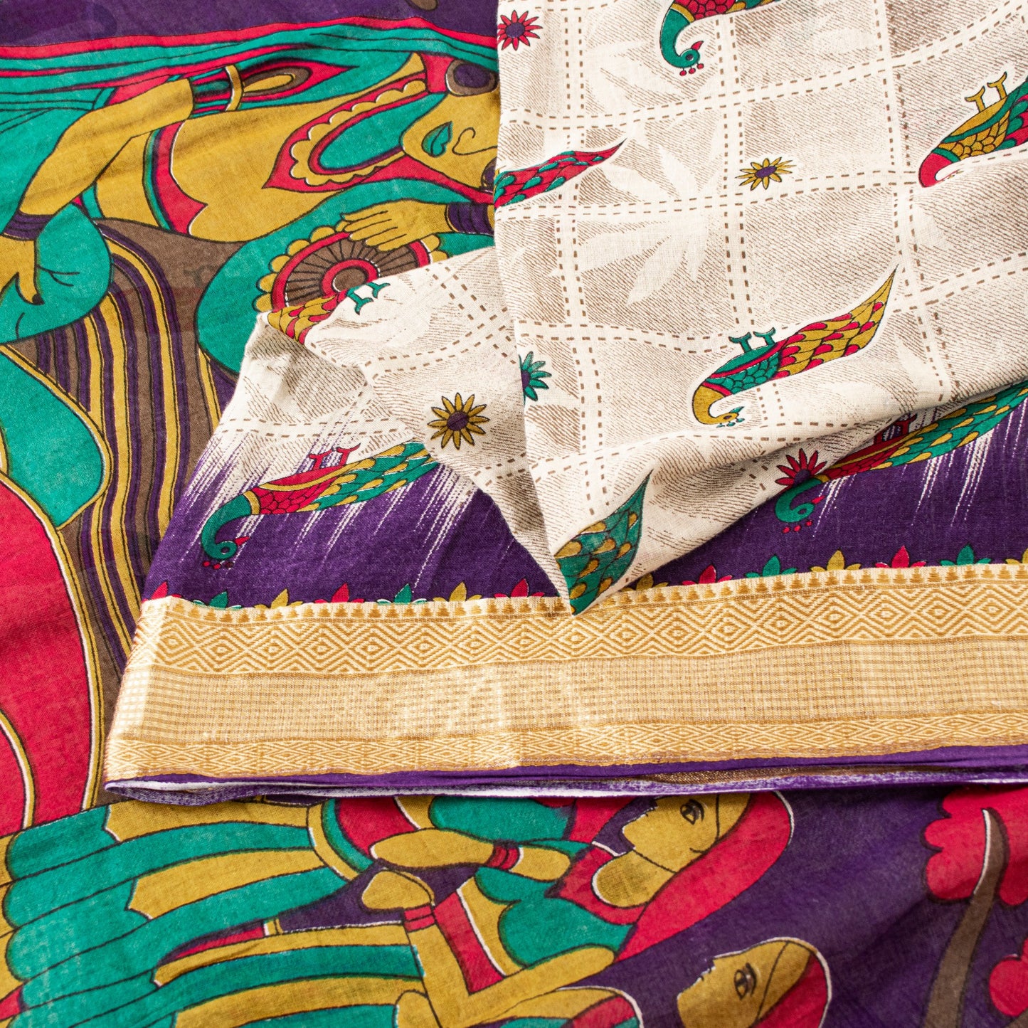 Sanskriti Vintage Sarees Ivory Pure Cotton Women Peacock Print 5+YD HeritageSari