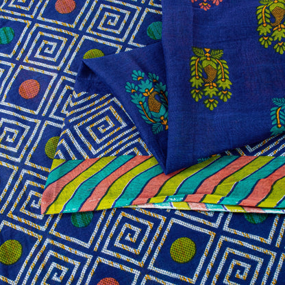 Sanskriti Vintage Sarees Blue Pure Cotton Floral Geometric Print 5+YD FabricSari