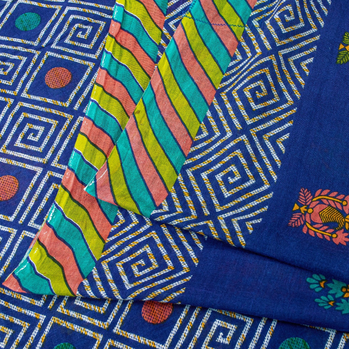 Sanskriti Vintage Sarees Blue Pure Cotton Floral Geometric Print 5+YD FabricSari