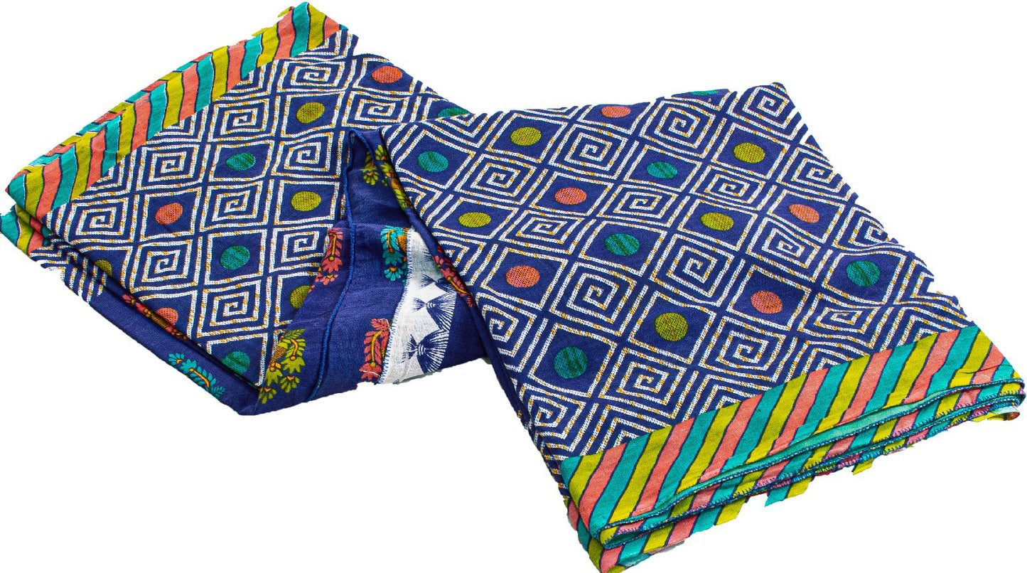 Sanskriti Vintage Sarees Blue Pure Cotton Floral Geometric Print 5+YD FabricSari