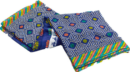 Sanskriti Vintage Sarees Blue Pure Cotton Floral Geometric Print 5+YD FabricSari