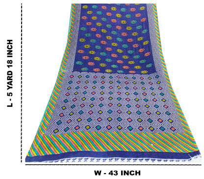 Sanskriti Vintage Sarees Blue Pure Cotton Floral Geometric Print 5+YD FabricSari