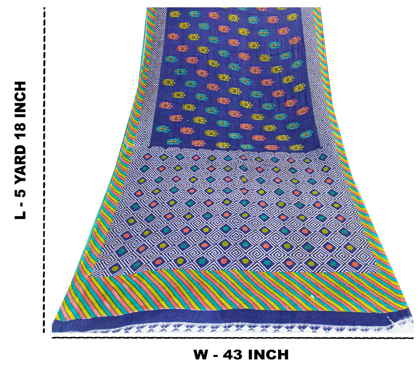 Sanskriti Vintage Sarees Blue Pure Cotton Floral Geometric Print 5+YD FabricSari