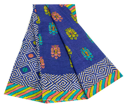 Sanskriti Vintage Sarees Blue Pure Cotton Floral Geometric Print 5+YD FabricSari