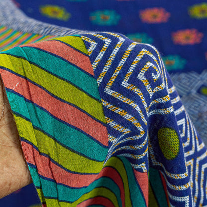Sanskriti Vintage Sarees Blue Pure Cotton Floral Geometric Print 5+YD FabricSari