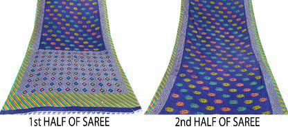 Sanskriti Vintage Sarees Blue Pure Cotton Floral Geometric Print 5+YD FabricSari