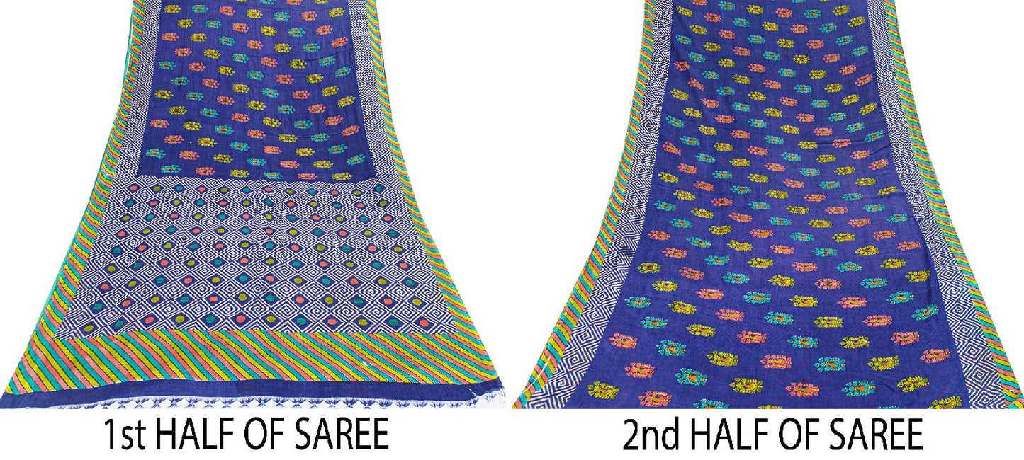 Sanskriti Vintage Sarees Blue Pure Cotton Floral Geometric Print 5+YD FabricSari