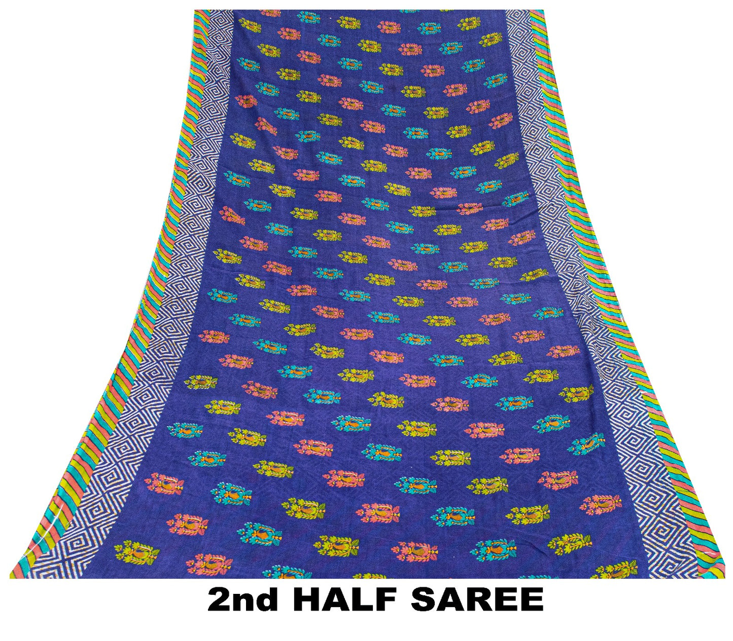 Sanskriti Vintage Sarees Blue Pure Cotton Floral Geometric Print 5+YD FabricSari