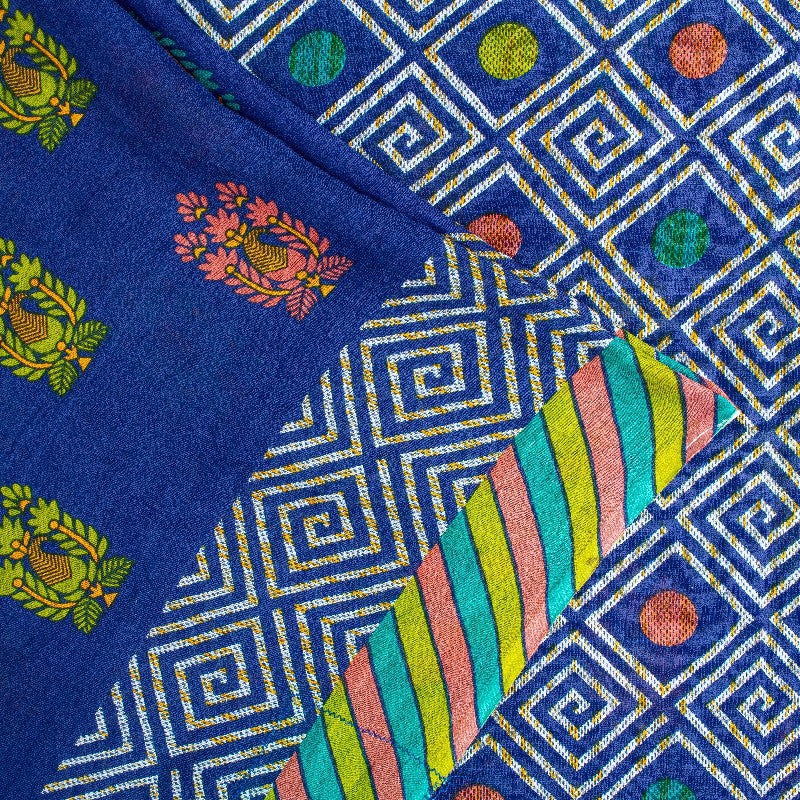 Sanskriti Vintage Sarees Blue Pure Cotton Floral Geometric Print 5+YD FabricSari