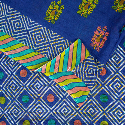 Sanskriti Vintage Sarees Blue Pure Cotton Floral Geometric Print 5+YD FabricSari