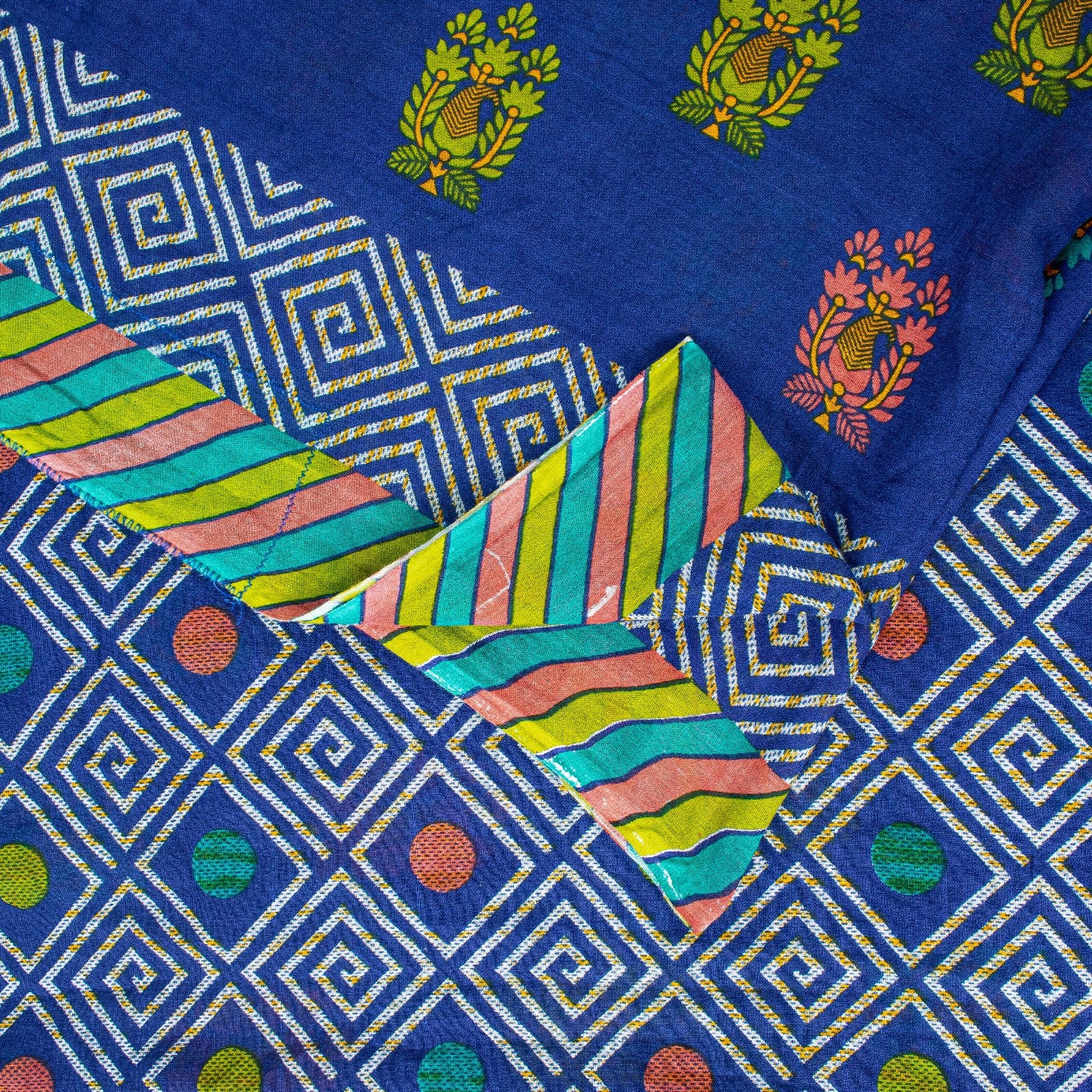 Sanskriti Vintage Sarees Blue Pure Cotton Floral Geometric Print 5+YD FabricSari