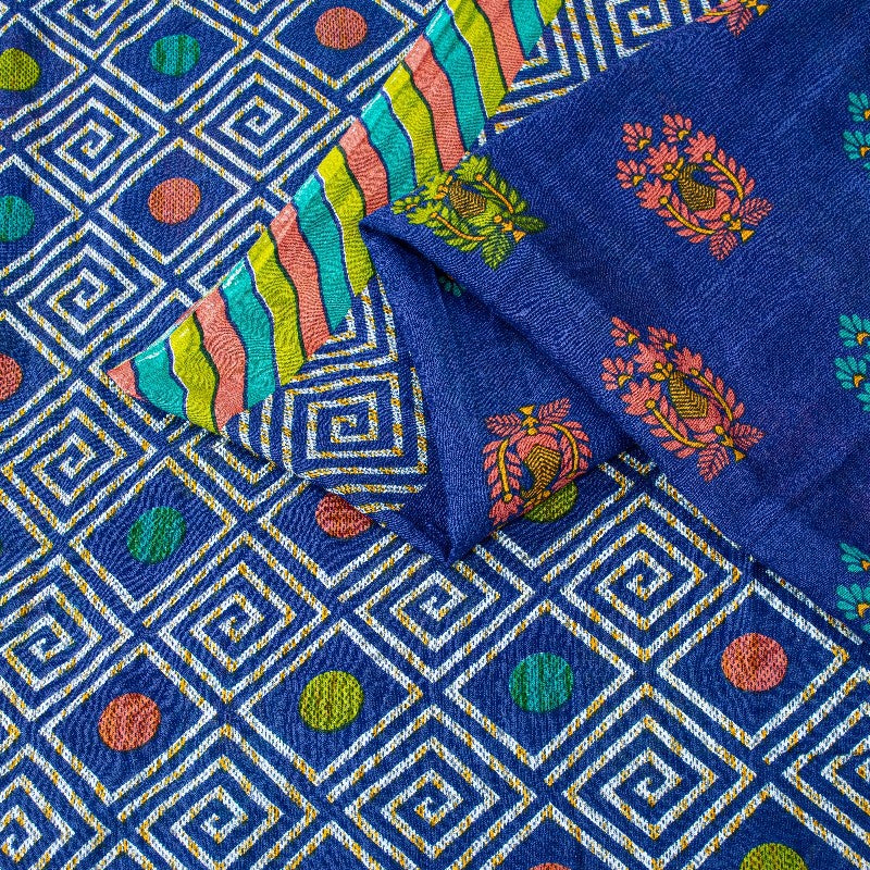 Sanskriti Vintage Sarees Blue Pure Cotton Floral Geometric Print 5+YD FabricSari