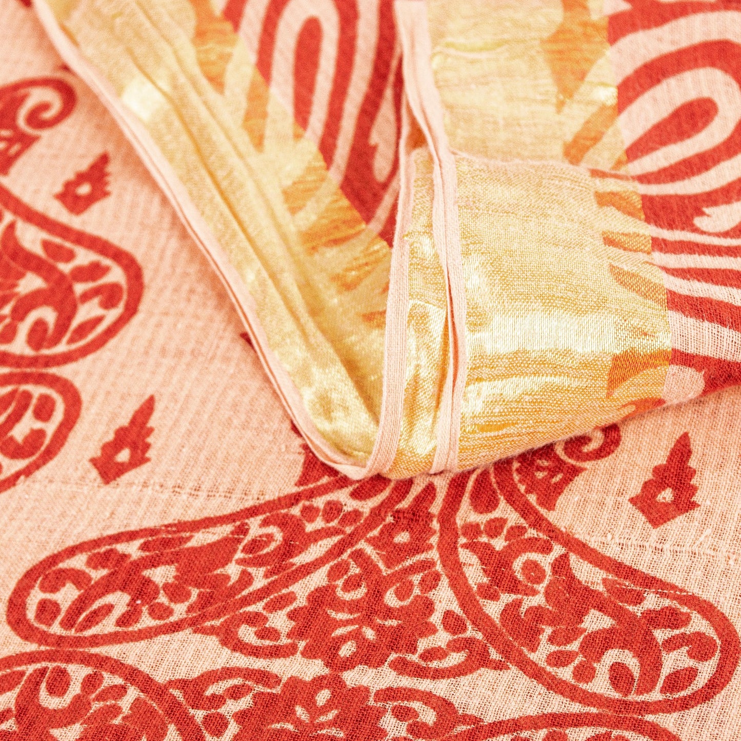 Sanskriti Vintage Sarees Red Pure Cotton Paisley Print 5+YD Sari For Up cyclers