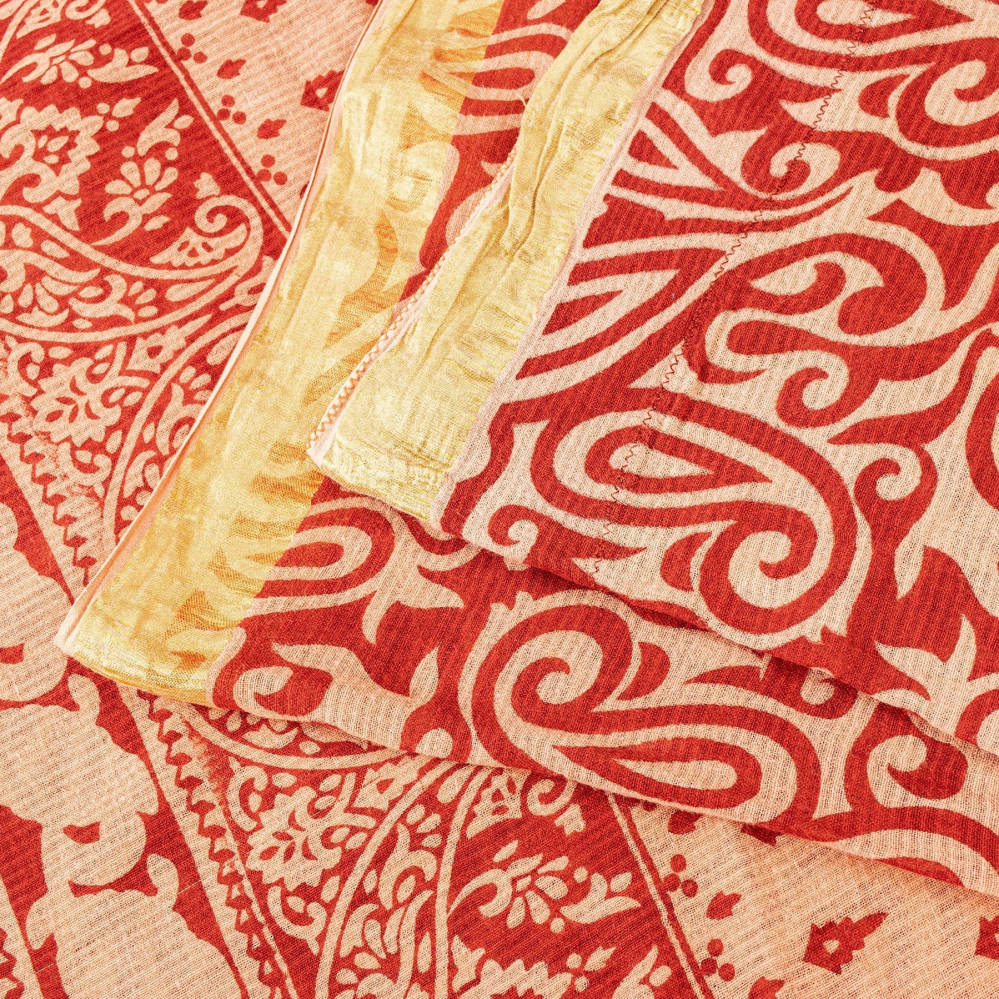 Sanskriti Vintage Sarees Red Pure Cotton Paisley Print 5+YD Sari For Up cyclers