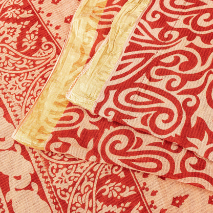 Sanskriti Vintage Sarees Red Pure Cotton Paisley Print 5+YD Sari For Up cyclers