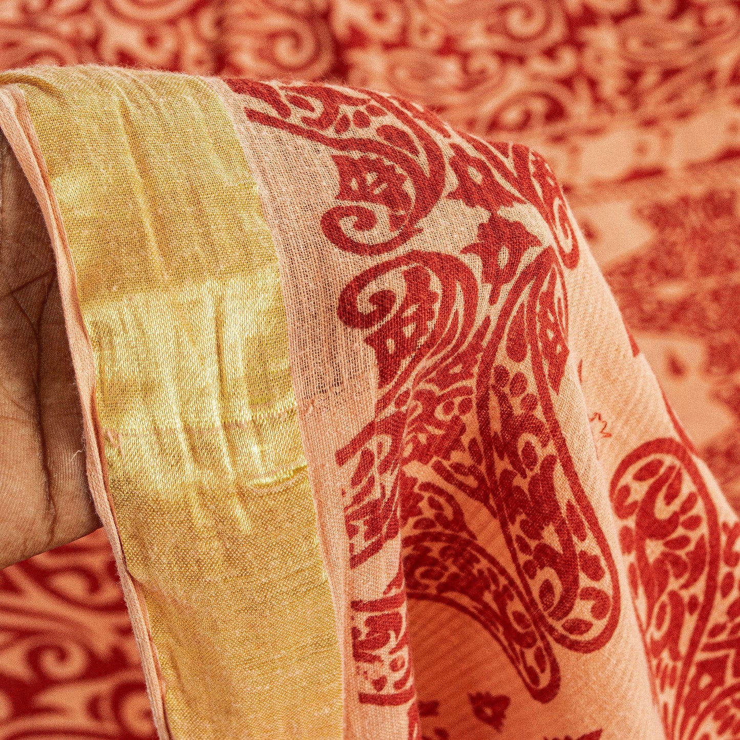Sanskriti Vintage Sarees Red Pure Cotton Paisley Print 5+YD Sari For Up cyclers