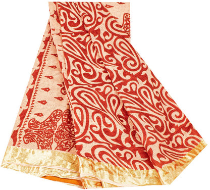 Sanskriti Vintage Sarees Red Pure Cotton Paisley Print 5+YD Sari For Up cyclers