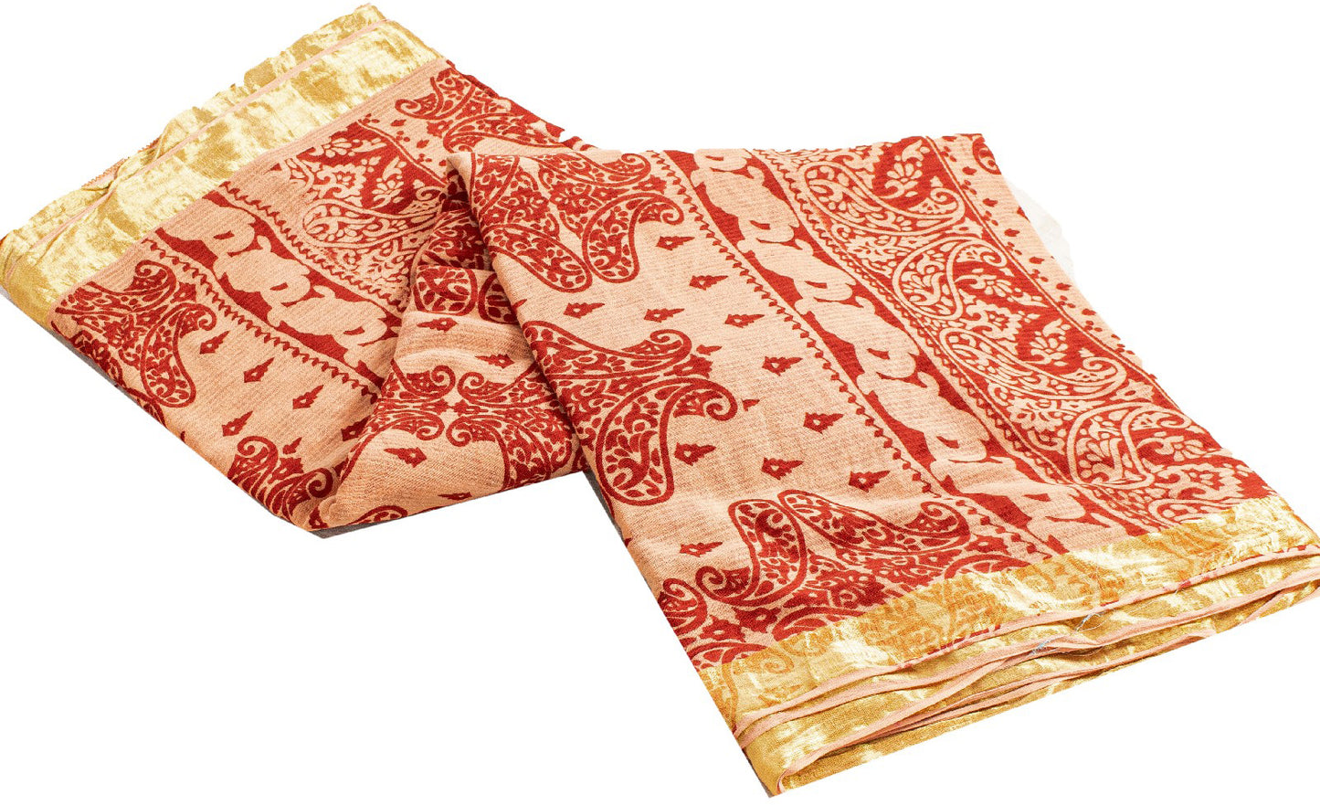 Sanskriti Vintage Sarees Red Pure Cotton Paisley Print 5+YD Sari For Up cyclers