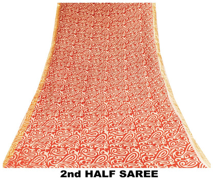 Sanskriti Vintage Sarees Red Pure Cotton Paisley Print 5+YD Sari For Up cyclers