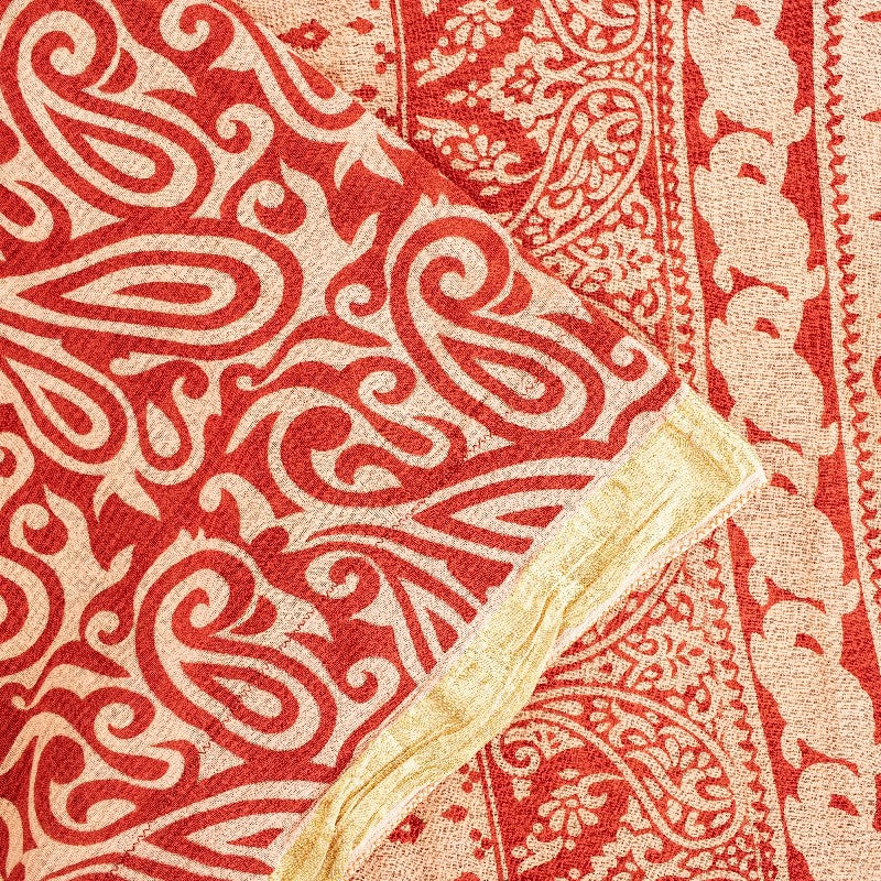 Sanskriti Vintage Sarees Red Pure Cotton Paisley Print 5+YD Sari For Up cyclers