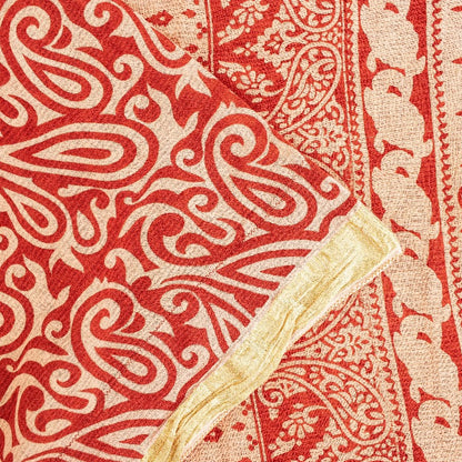 Sanskriti Vintage Sarees Red Pure Cotton Paisley Print 5+YD Sari For Up cyclers