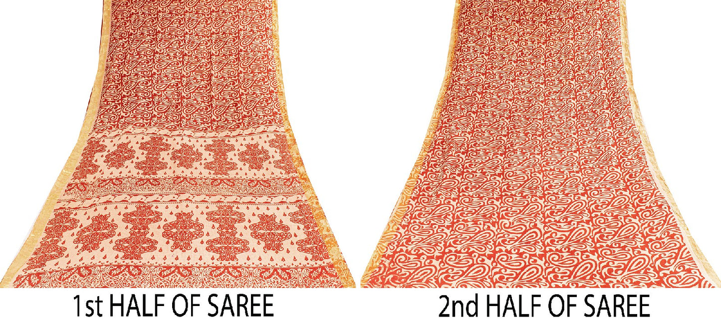 Sanskriti Vintage Sarees Red Pure Cotton Paisley Print 5+YD Sari For Up cyclers