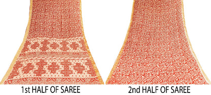 Sanskriti Vintage Sarees Red Pure Cotton Paisley Print 5+YD Sari For Up cyclers