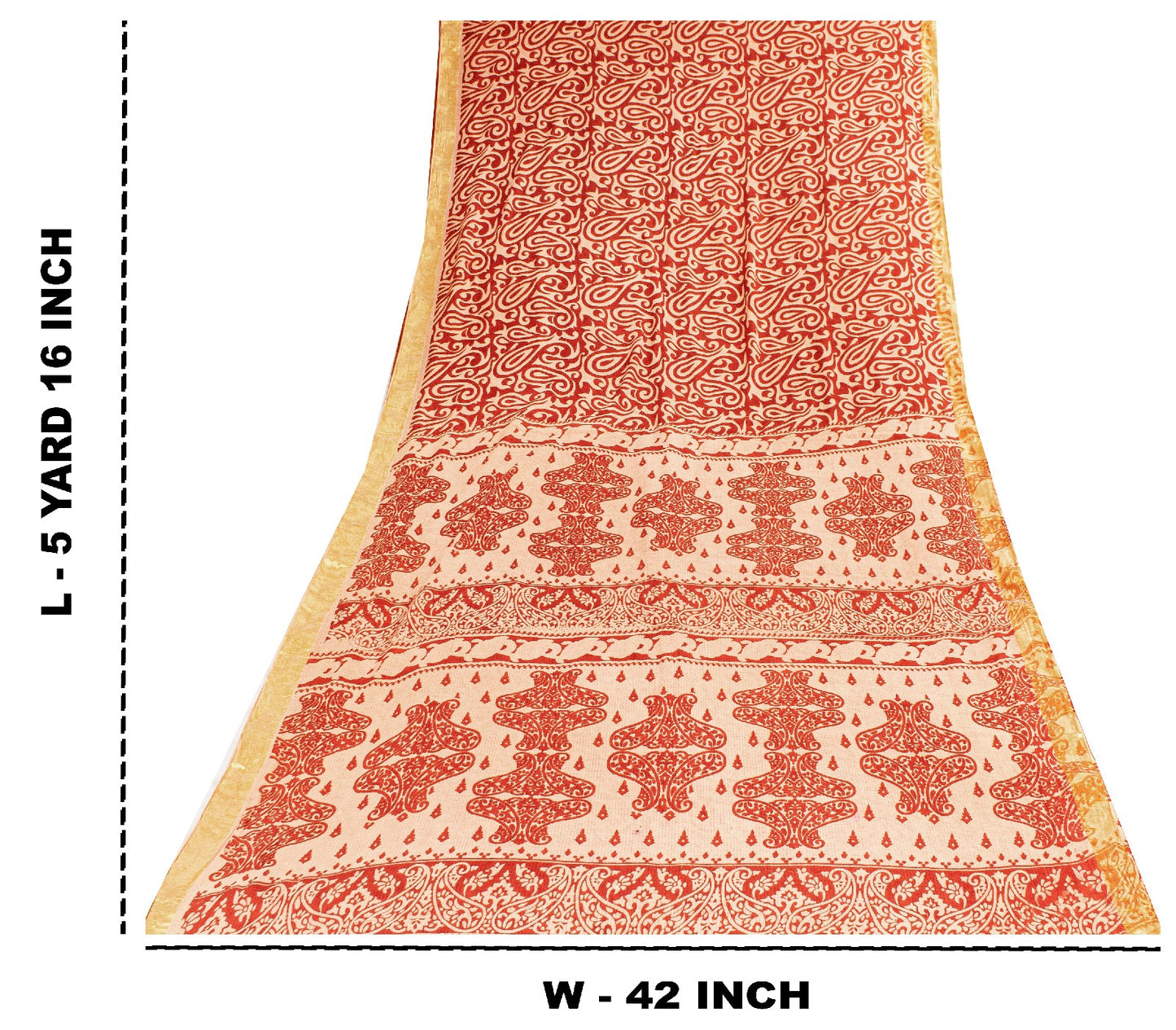 Sanskriti Vintage Sarees Red Pure Cotton Paisley Print 5+YD Sari For Up cyclers