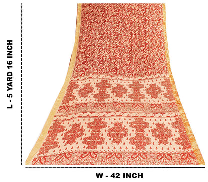 Sanskriti Vintage Sarees Red Pure Cotton Paisley Print 5+YD Sari For Up cyclers