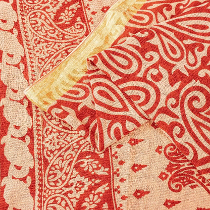 Sanskriti Vintage Sarees Red Pure Cotton Paisley Print 5+YD Sari For Up cyclers