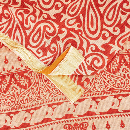 Sanskriti Vintage Sarees Red Pure Cotton Paisley Print 5+YD Sari For Up cyclers