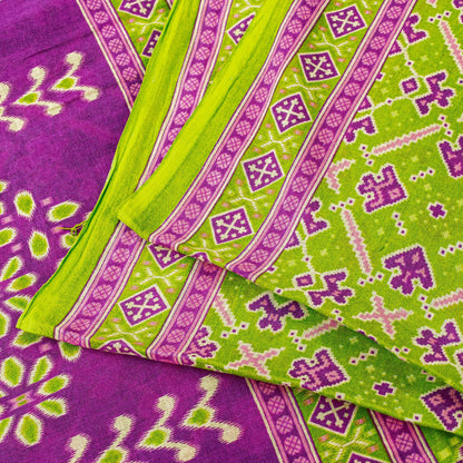 Sanskriti Vintage Sarees Green & Purple Pure Cotton Ikat Patola Print 5+YD Sari