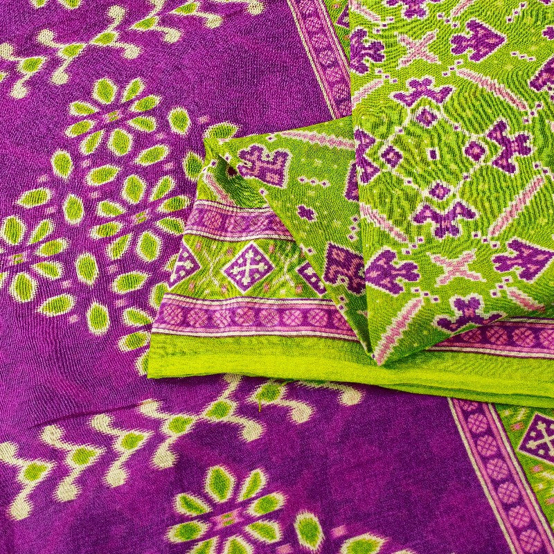 Sanskriti Vintage Sarees Green & Purple Pure Cotton Ikat Patola Print 5+YD Sari