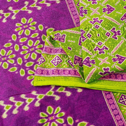 Sanskriti Vintage Sarees Green & Purple Pure Cotton Ikat Patola Print 5+YD Sari