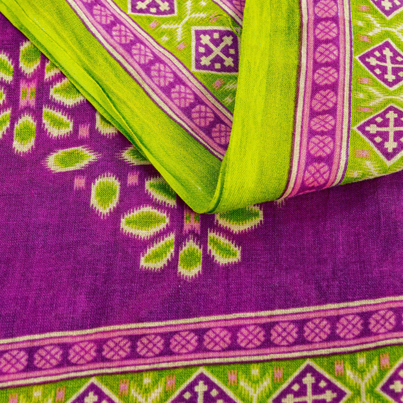 Sanskriti Vintage Sarees Green & Purple Pure Cotton Ikat Patola Print 5+YD Sari