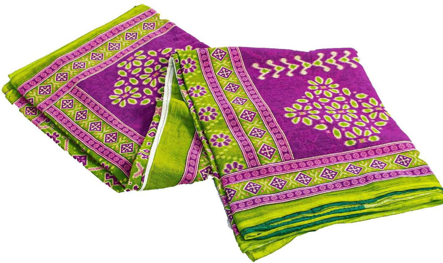 Sanskriti Vintage Sarees Green & Purple Pure Cotton Ikat Patola Print 5+YD Sari