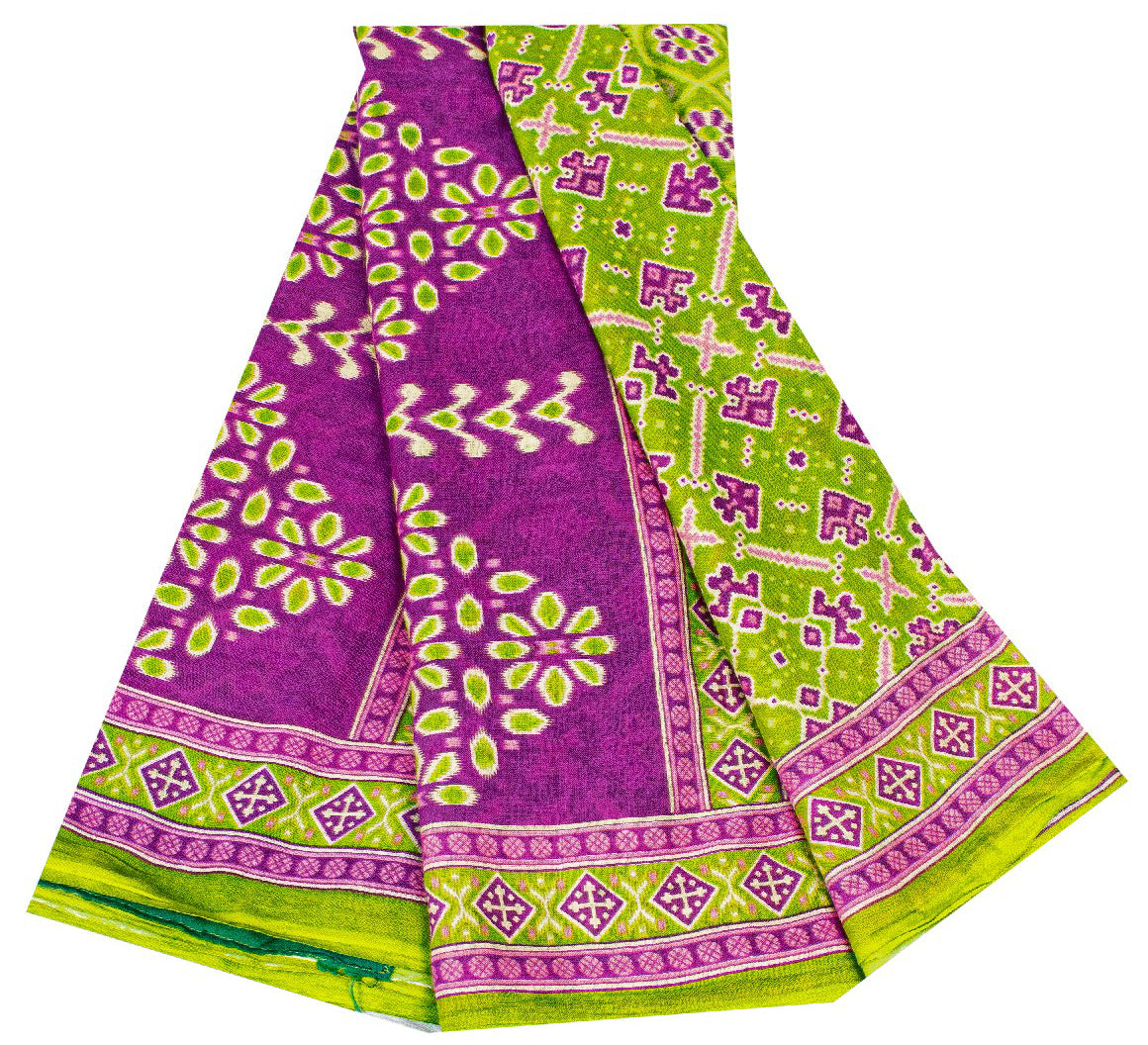 Sanskriti Vintage Sarees Green & Purple Pure Cotton Ikat Patola Print 5+YD Sari