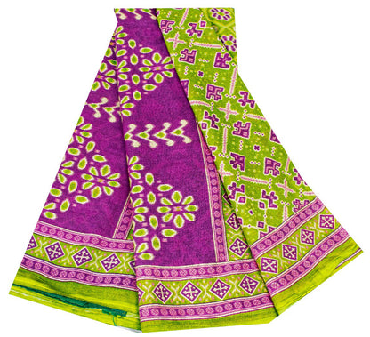 Sanskriti Vintage Sarees Green & Purple Pure Cotton Ikat Patola Print 5+YD Sari