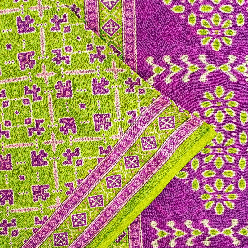 Sanskriti Vintage Sarees Green & Purple Pure Cotton Ikat Patola Print 5+YD Sari