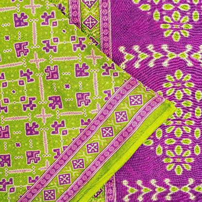 Sanskriti Vintage Sarees Green & Purple Pure Cotton Ikat Patola Print 5+YD Sari