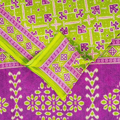 Sanskriti Vintage Sarees Green & Purple Pure Cotton Ikat Patola Print 5+YD Sari