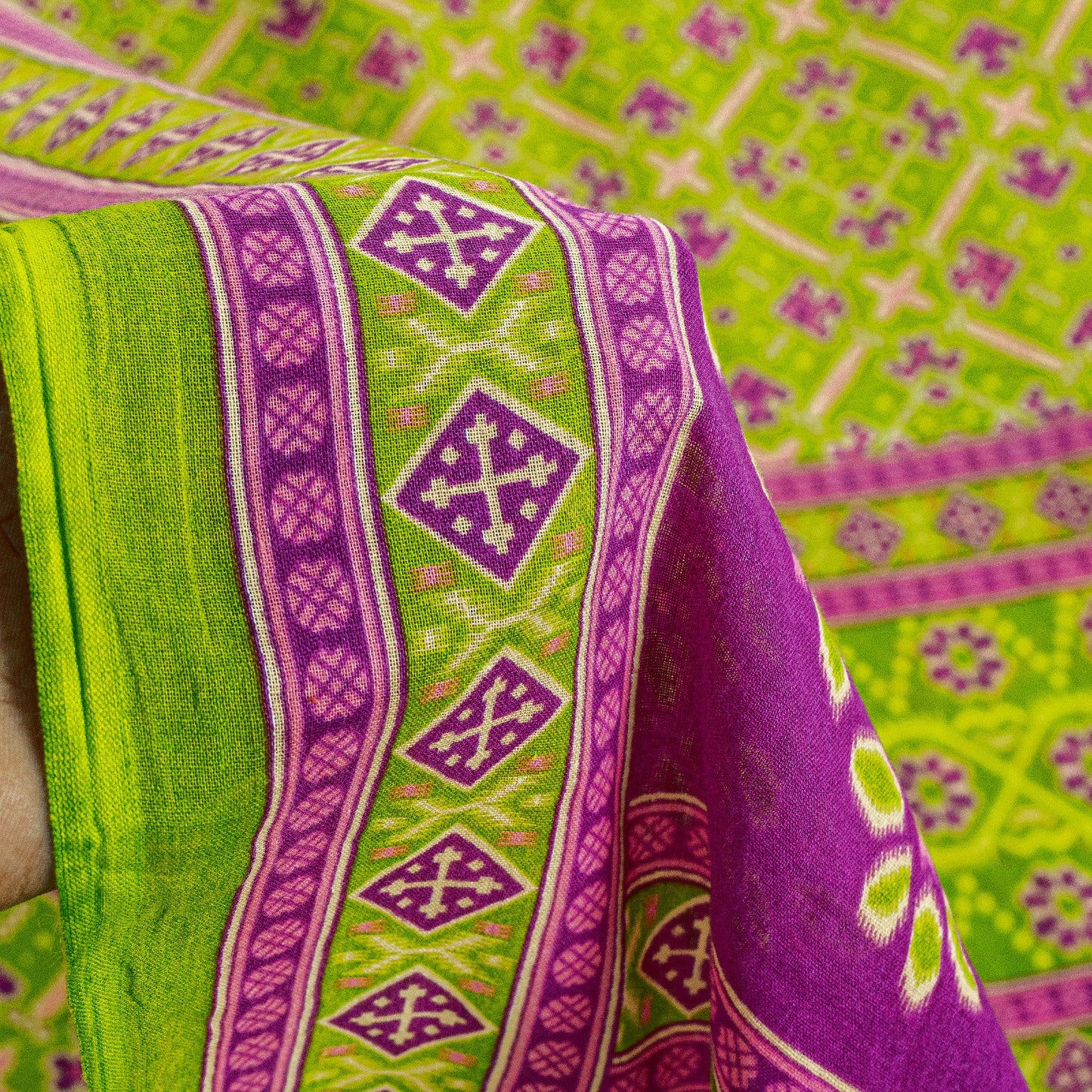 Sanskriti Vintage Sarees Green & Purple Pure Cotton Ikat Patola Print 5+YD Sari