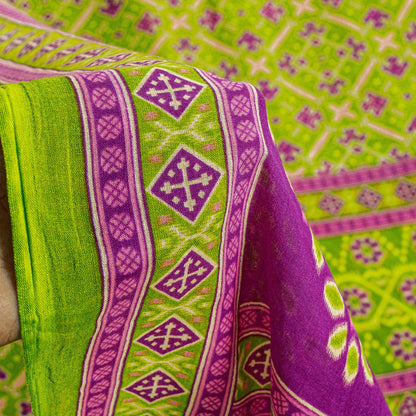 Sanskriti Vintage Sarees Green & Purple Pure Cotton Ikat Patola Print 5+YD Sari