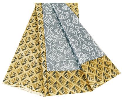Sanskriti Vintage Sarees Gray & Yellow Pure Cotton 3 D Print Bandhani 5+YD Sari