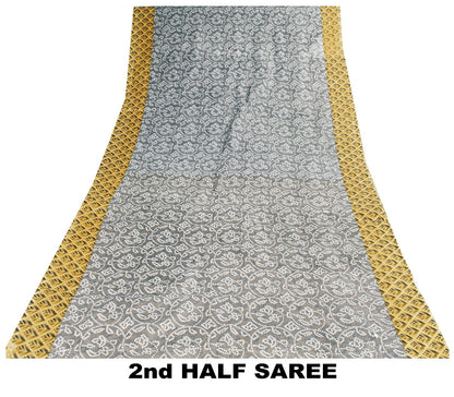 Sanskriti Vintage Sarees Gray & Yellow Pure Cotton 3 D Print Bandhani 5+YD Sari