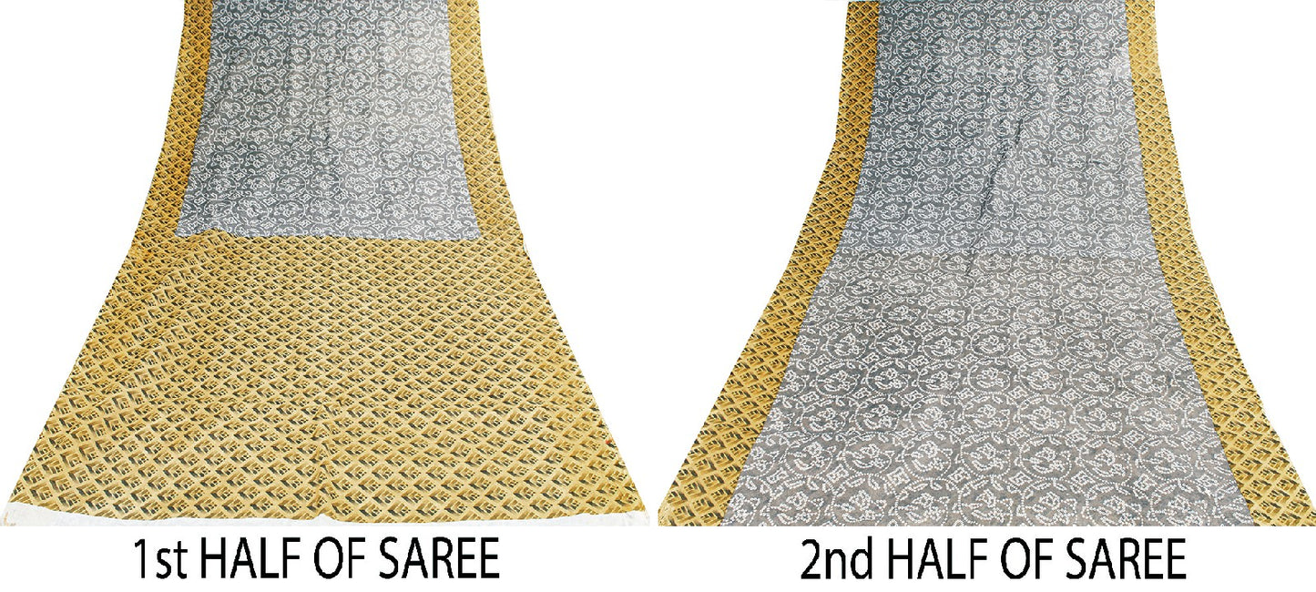Sanskriti Vintage Sarees Gray & Yellow Pure Cotton 3 D Print Bandhani 5+YD Sari
