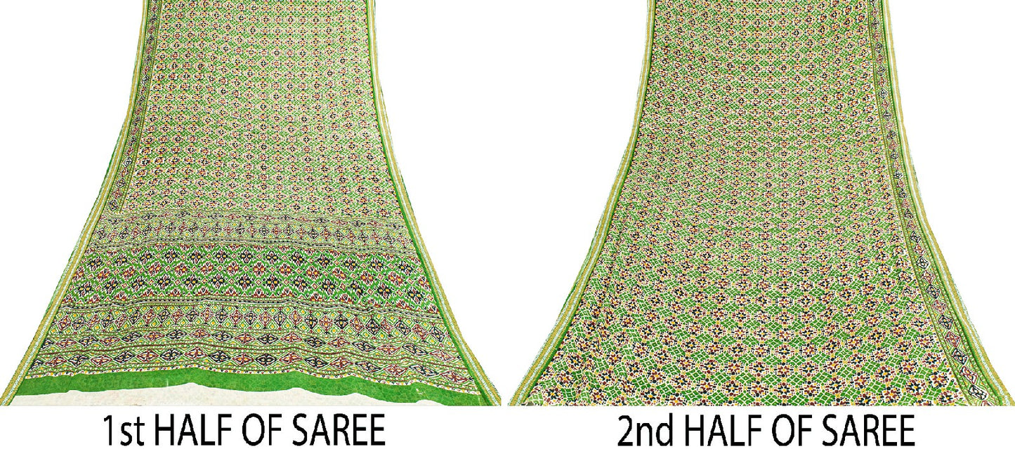 Sanskriti Vintage Saree Green 100% Pure Cotton 5+YD Saree Patan Patola Printed From Gujrat Of India 5+Yd Sari Authentic Sustainable