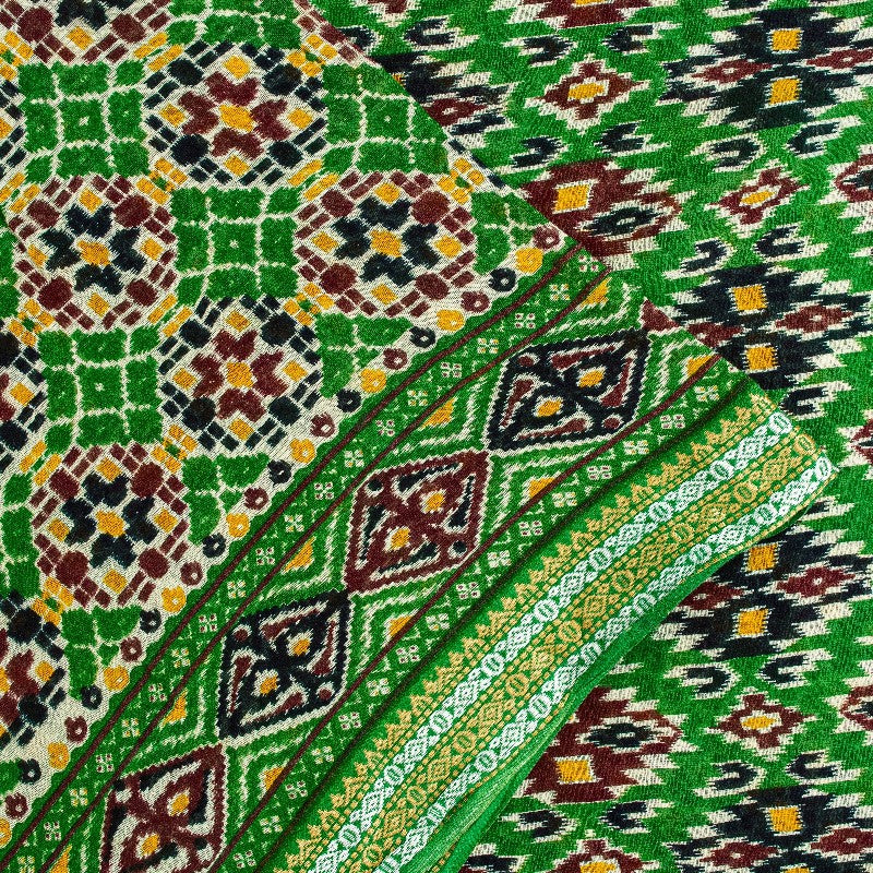 Sanskriti Vintage Sarees Green Pure Cotton Patan Patola Gujrat Print 5+YD Sari